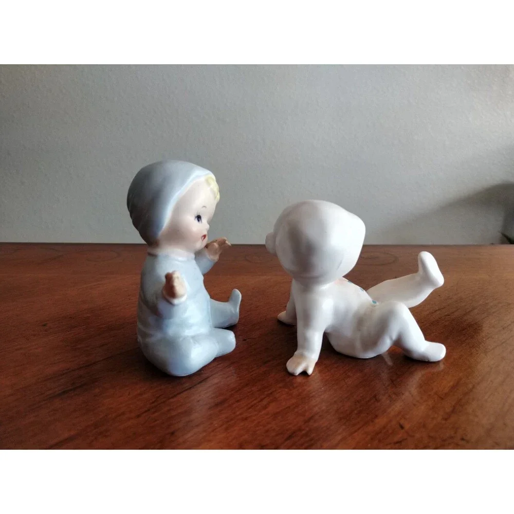 Vintage Figurines Japan Lot Of 2 Pajama Baby Pixie Norcrest 1950s 60s Blue Wht